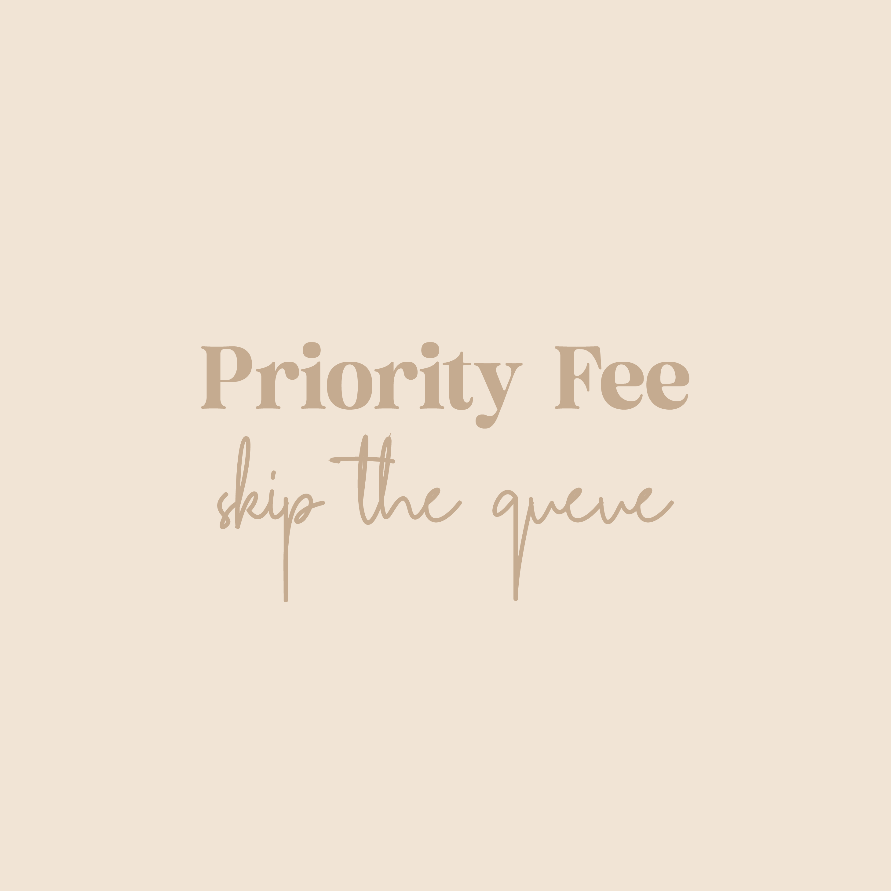 A beige background with the text 'PRIORITY FEE SKIP THE QUEUEUE' in a cursive script.