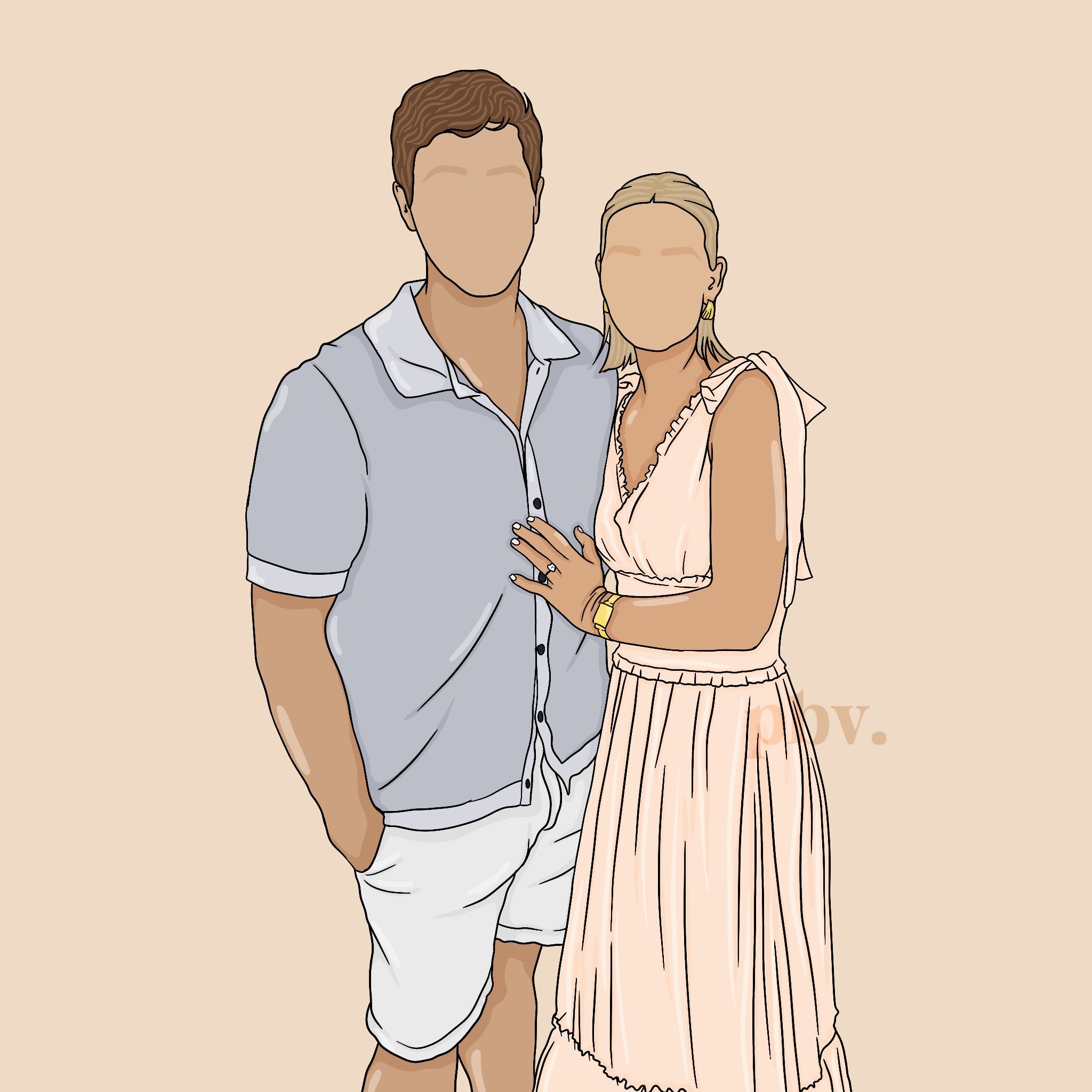 woman standing next partner from behind illustrated in block line style