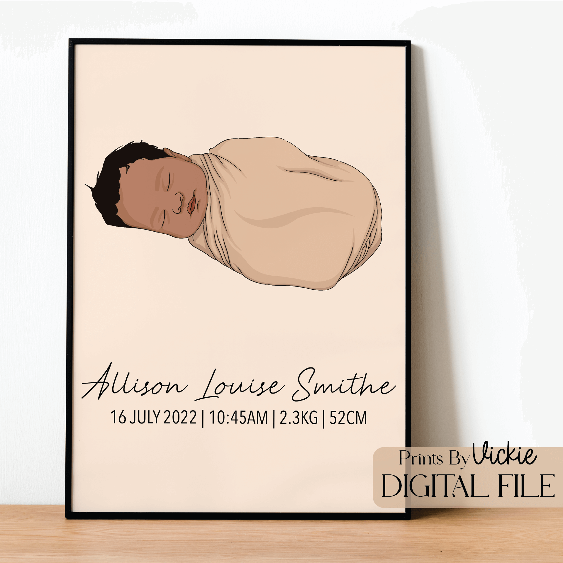 A birth print poster with a sketch of a baby, birth details, and the artist's signature.