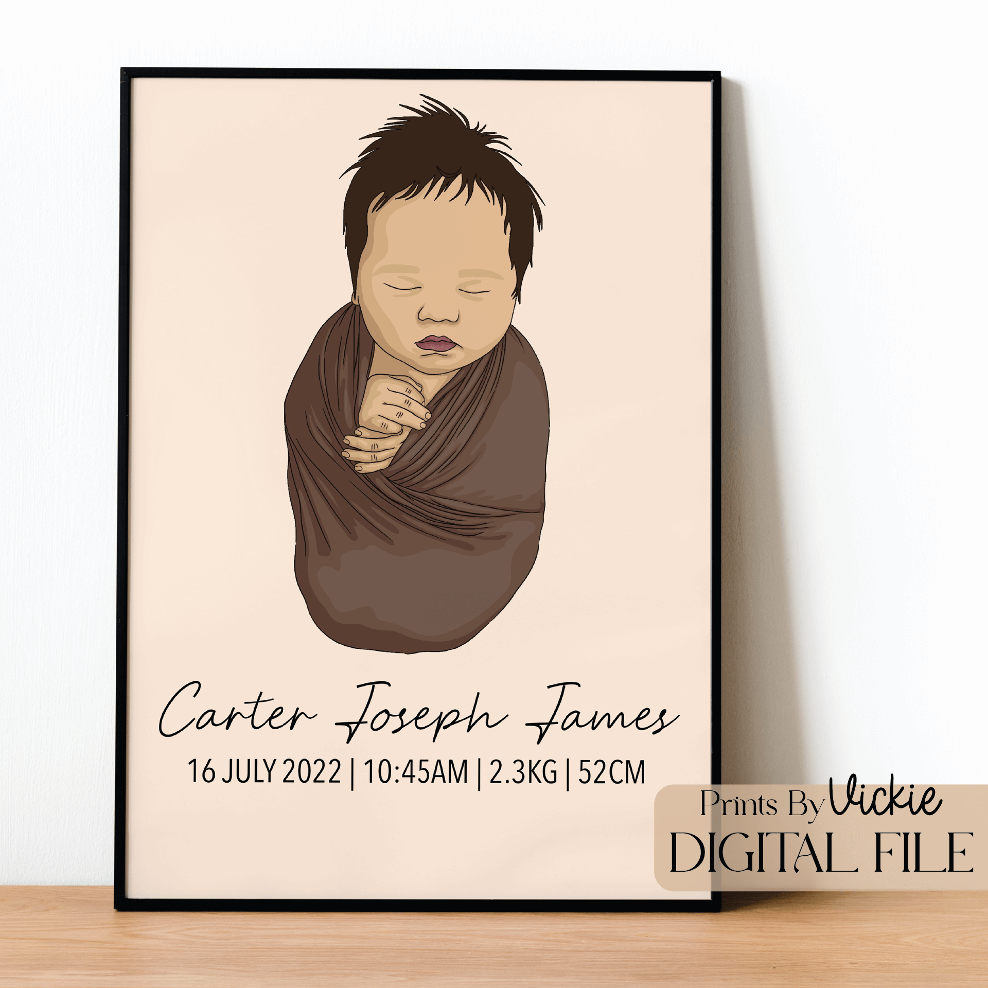A birth print poster with a sketch of a baby, birth details, and the artist's signature.