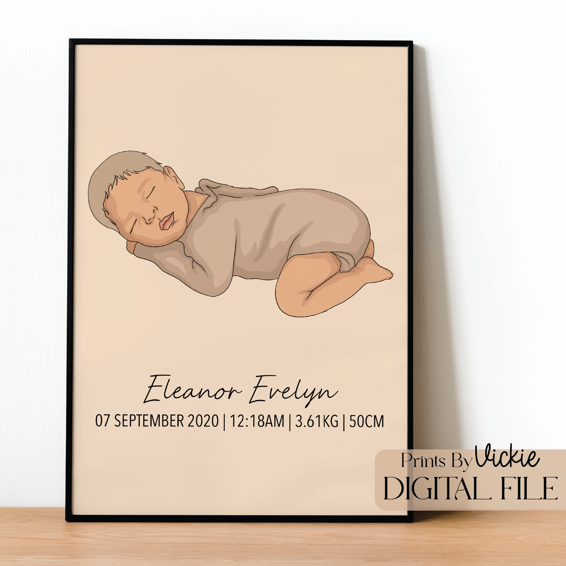 A birth print poster with a sketch of a baby, birth details, and the artist's signature.