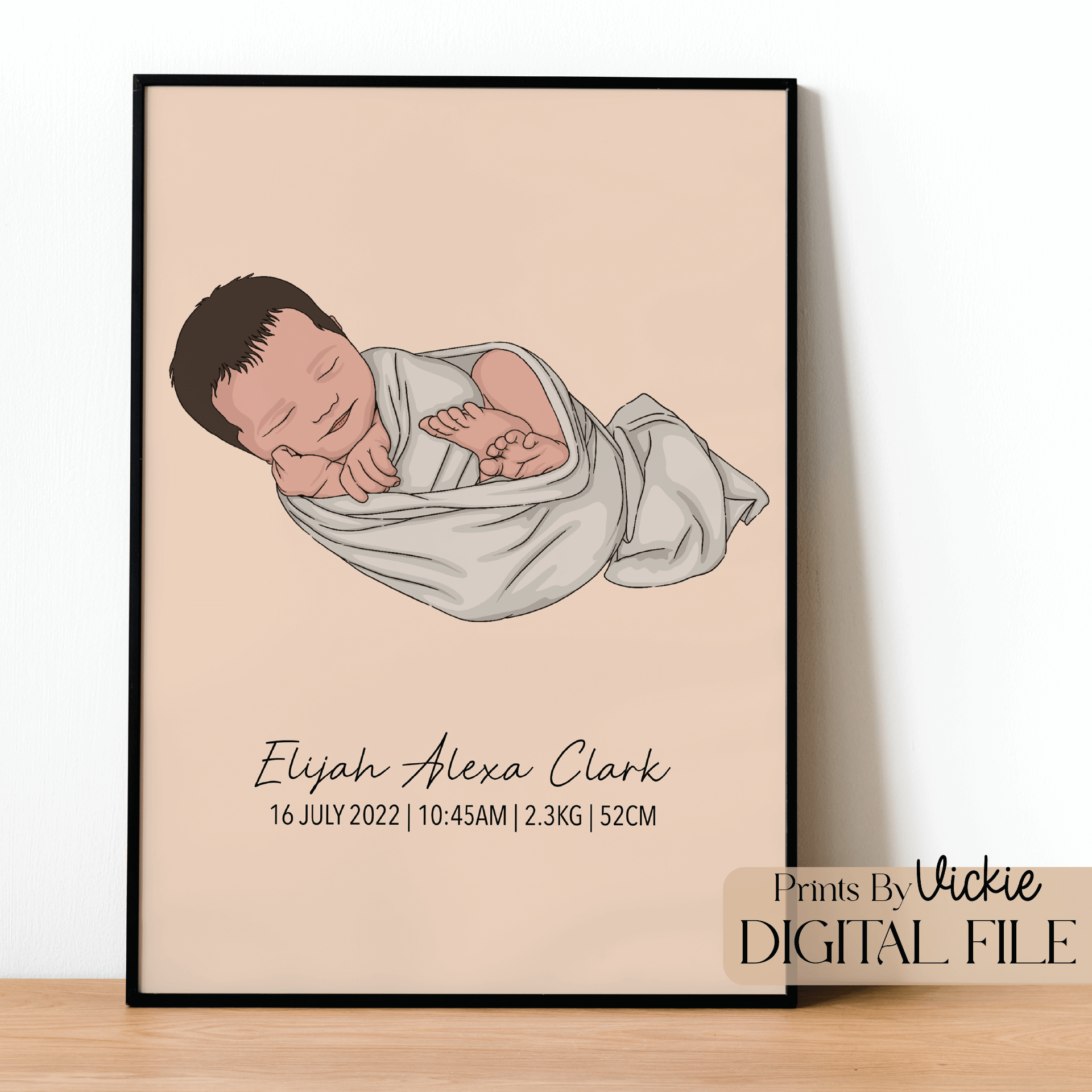 A birth print poster with a sketch of a baby, birth details, and the artist's signature.