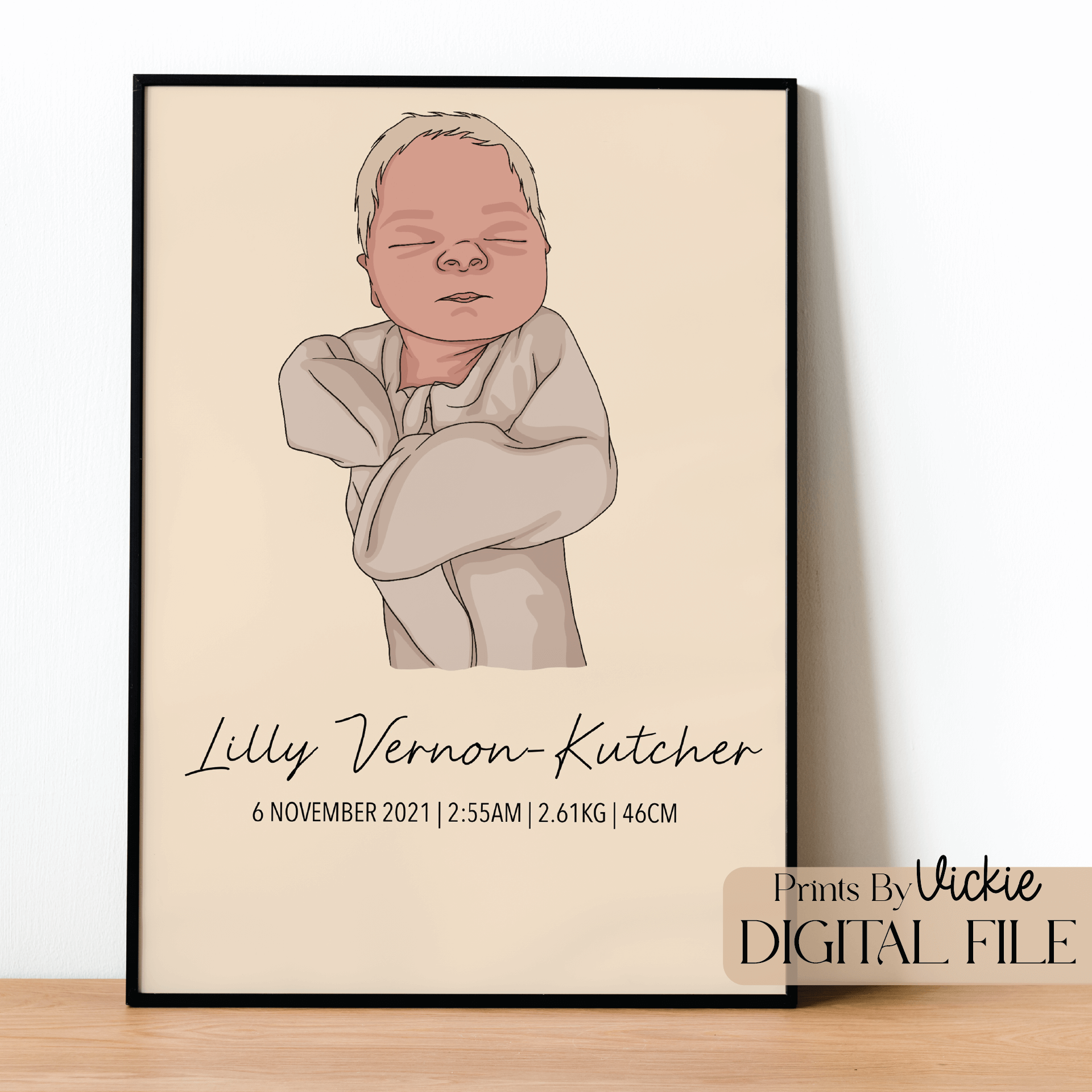 A birth print poster with a sketch of a baby, birth details, and the artist's signature.