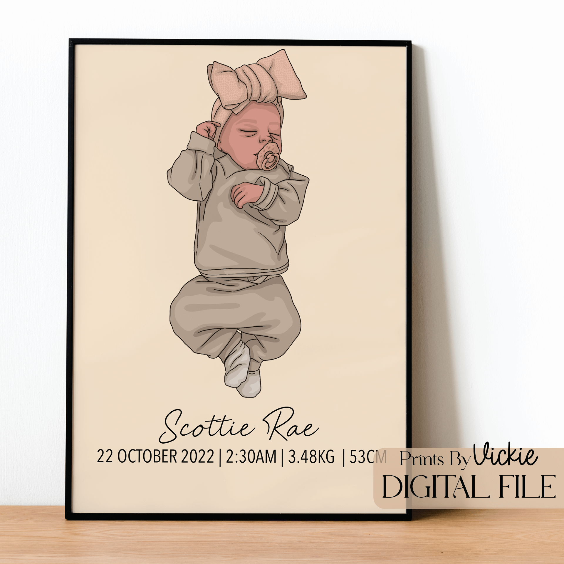A birth print poster with a sketch of a baby, birth details, and the artist's signature.