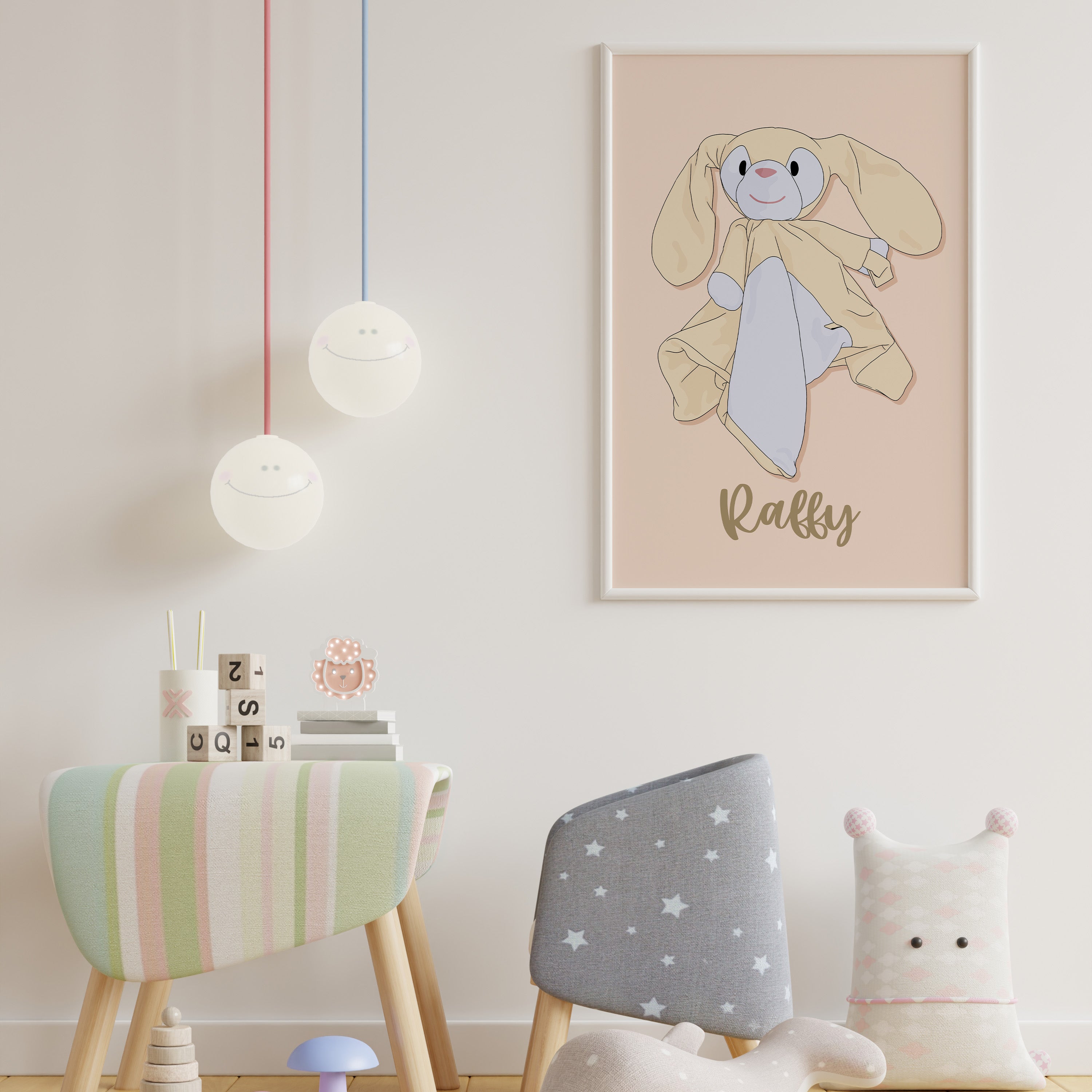 Children's room with a framed picture of a cartoon bunny named 'Raffy' on the wall.