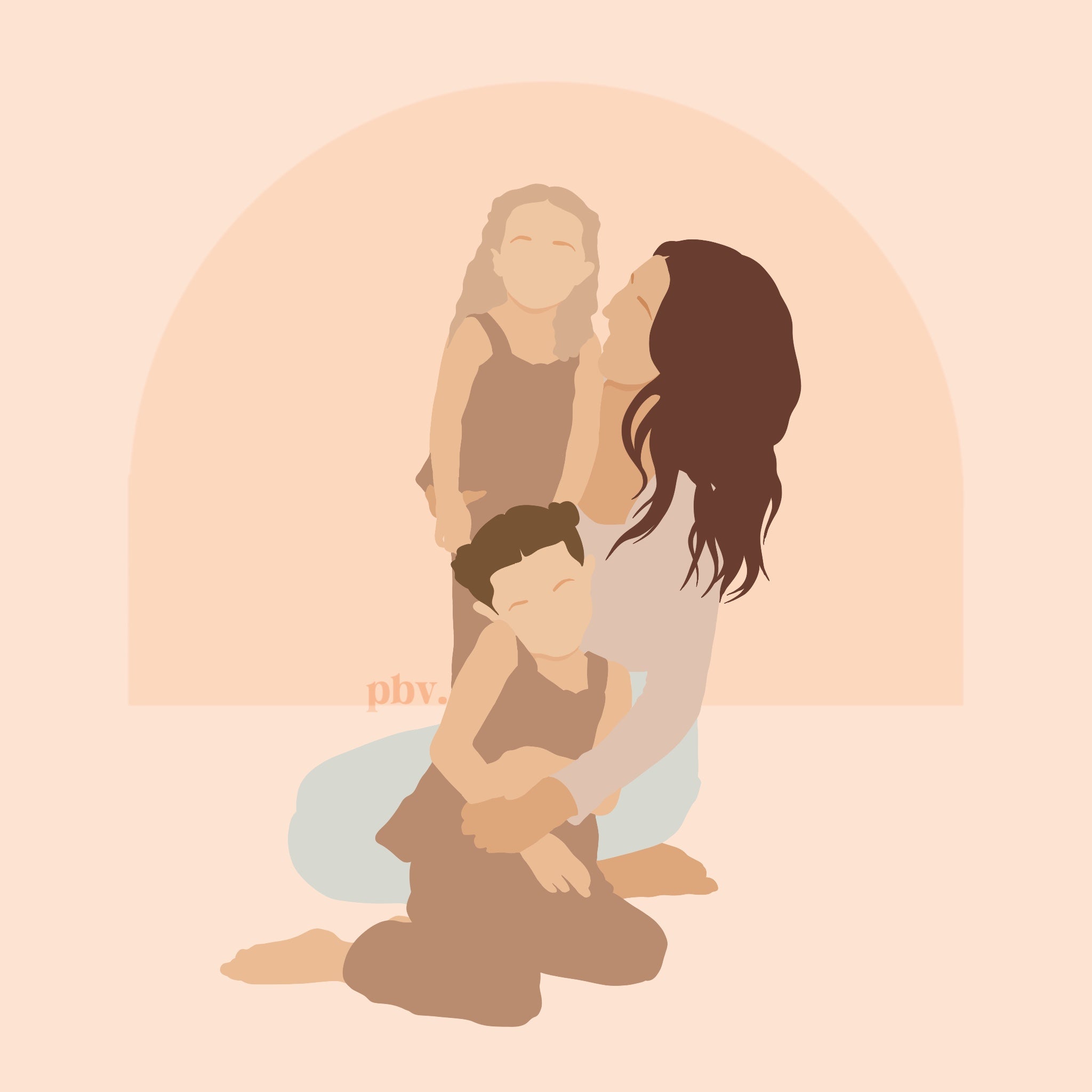 An illustration of a mother embracing her two children, with a warm, minimalistic color palette.