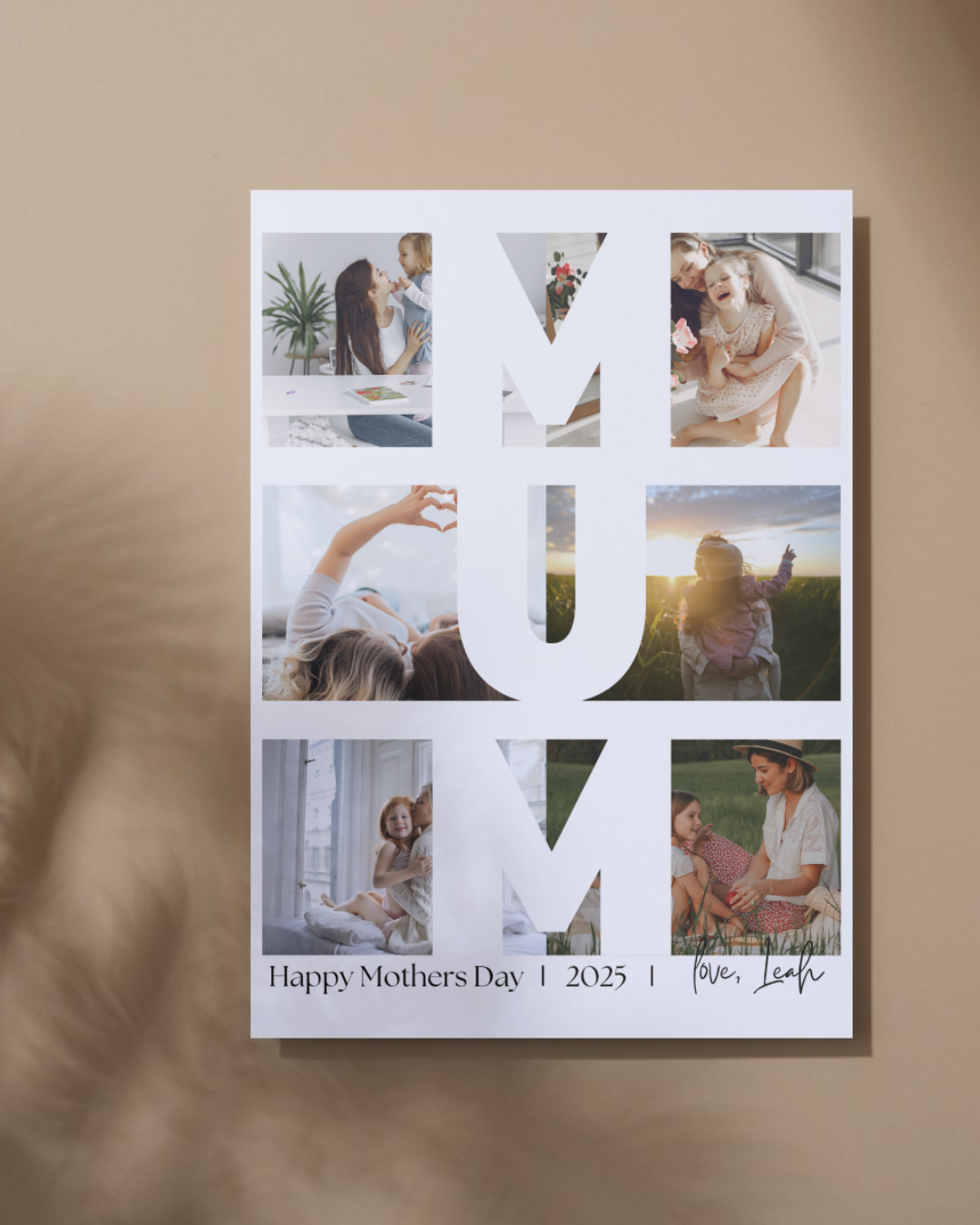 A custom editable photo print with the word 'MUM' on each page, featuring images of a mother and child on a cozy, warm background. The print is laying on a flat surface with a blurred background.
