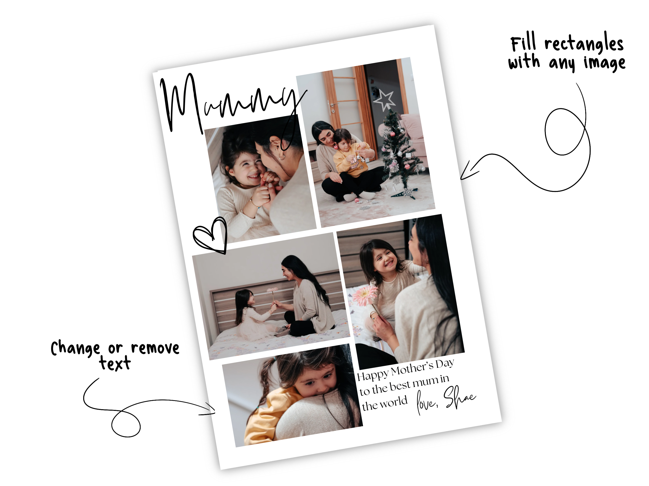 Collage of photos with text explaining what you can edit on a white background