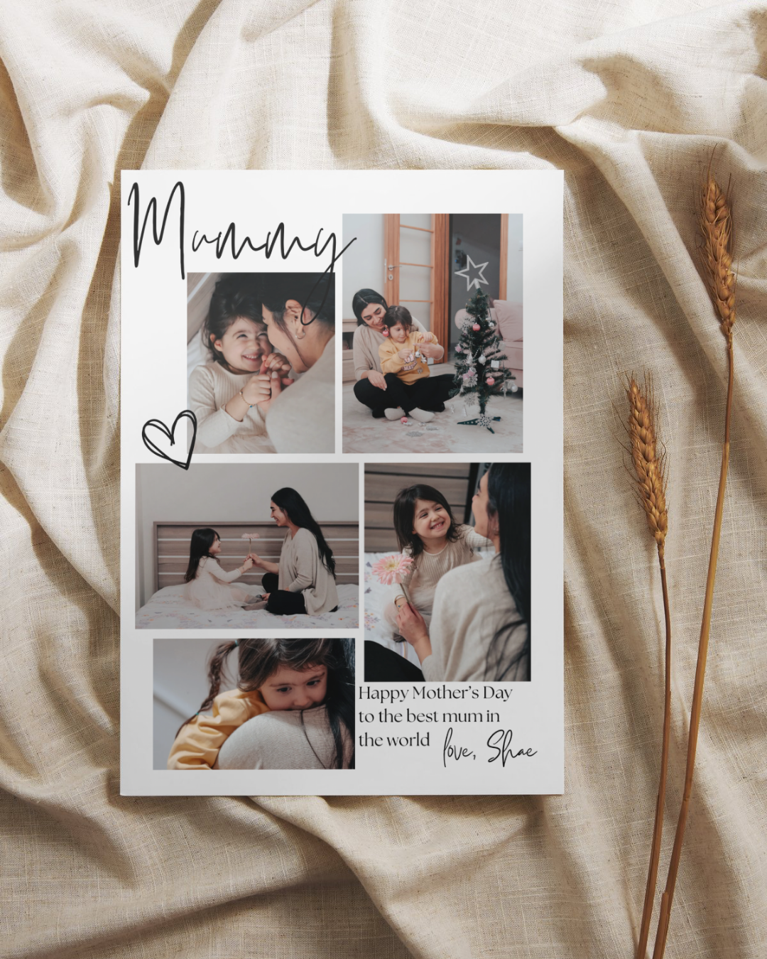 Poster with collage of photos and 'Happy Mother's Day' message on a textured fabric background.