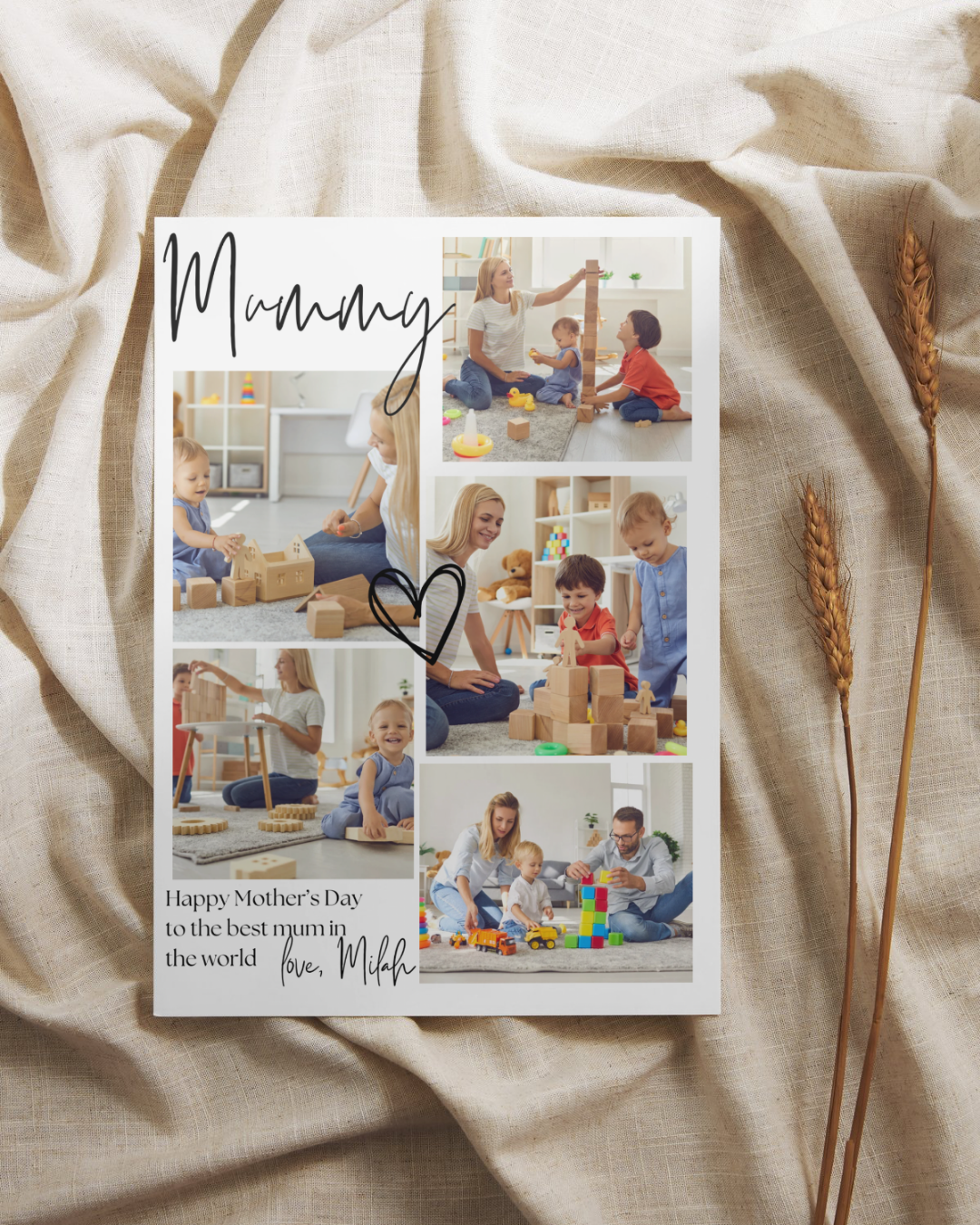 Mother's Day poster with family photos and 'Mummy' text on a textured fabric background