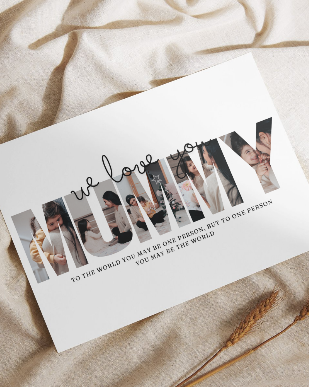Card with cut-out photos of a family arranged to spell 'we love you mom' on a beige fabric background.