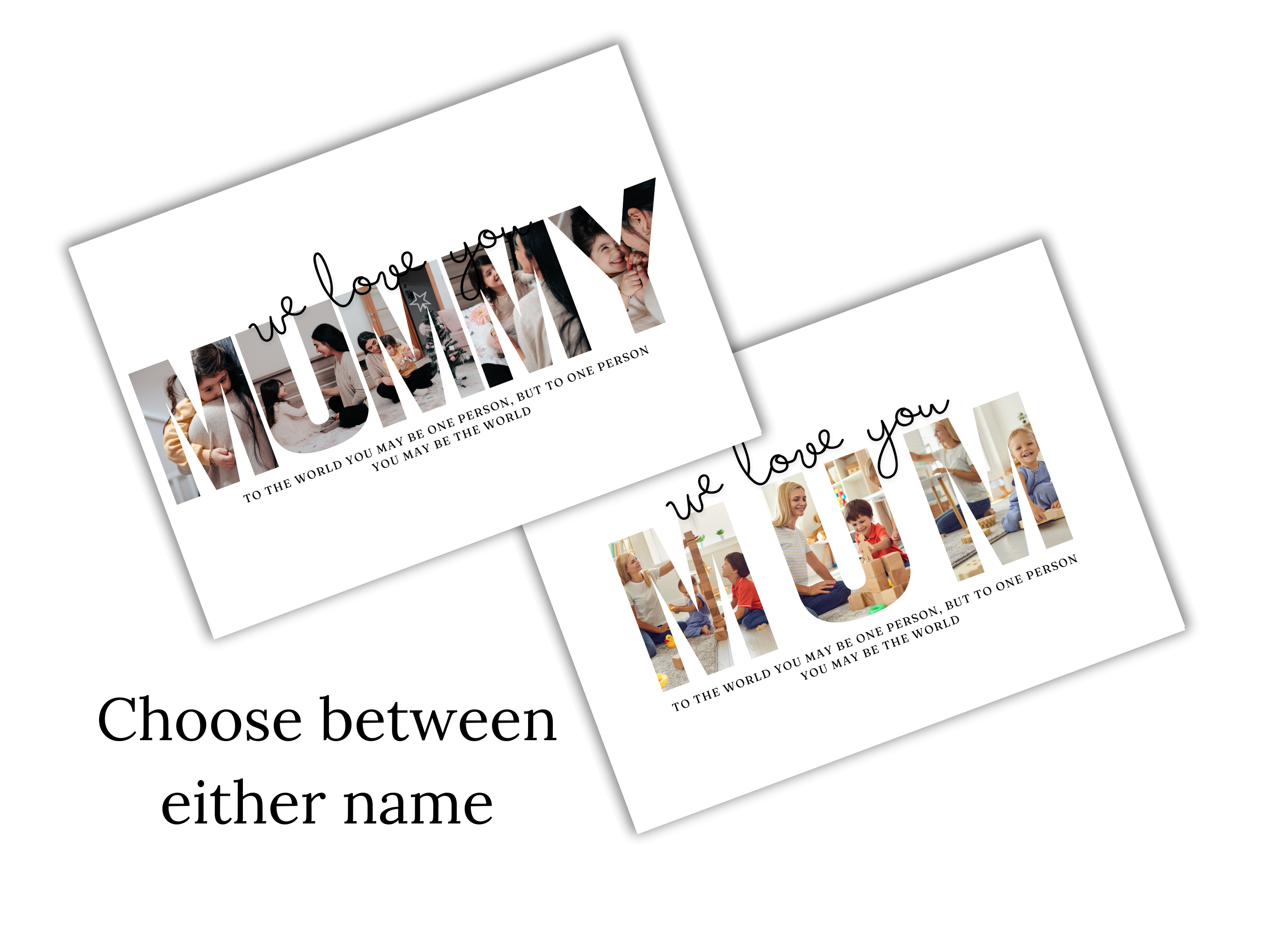 Two personalized photo cards with 'we love you' text and family photos.