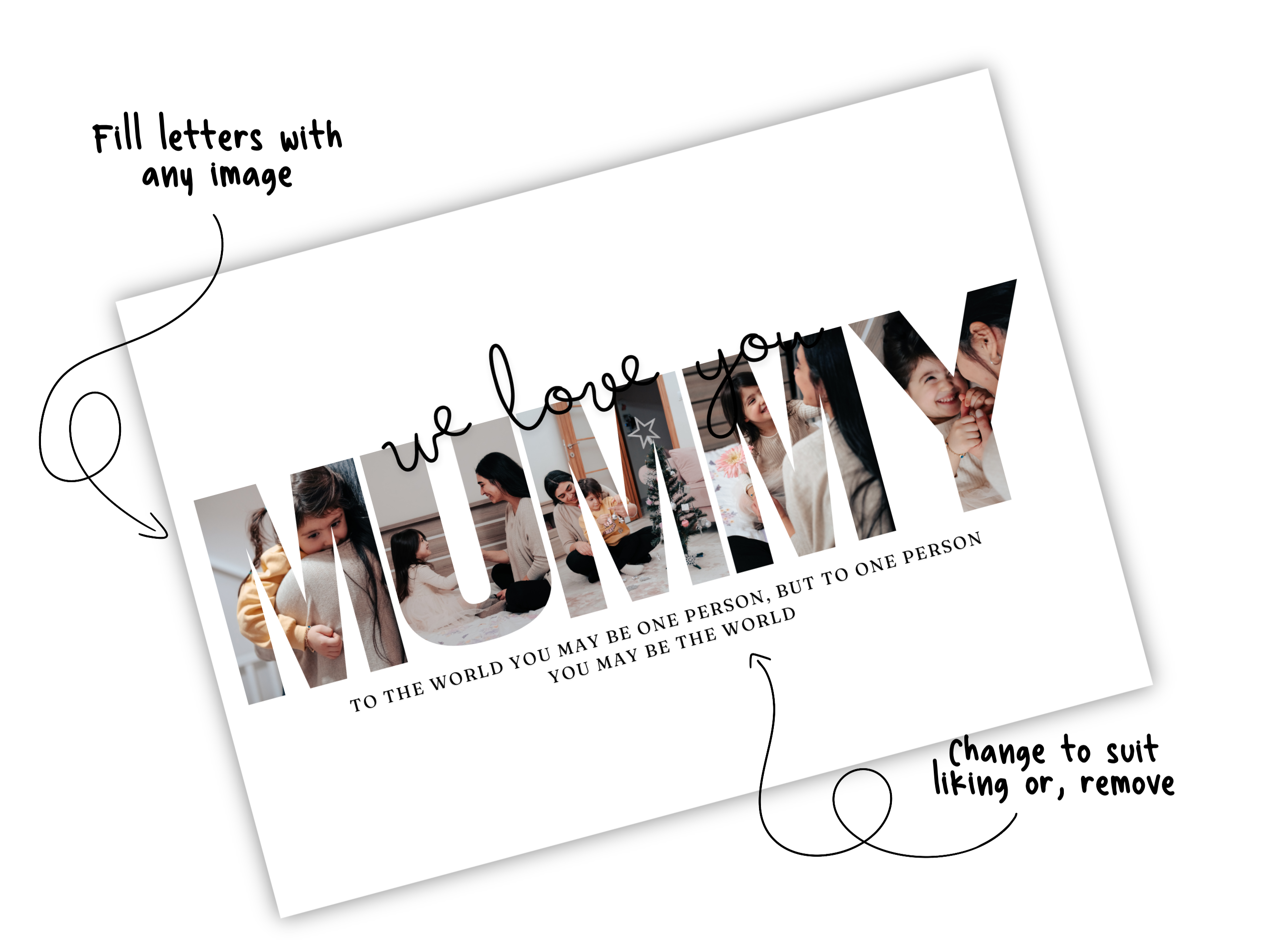 Card with 'We love you Mummy' text and photo placeholders on a white background