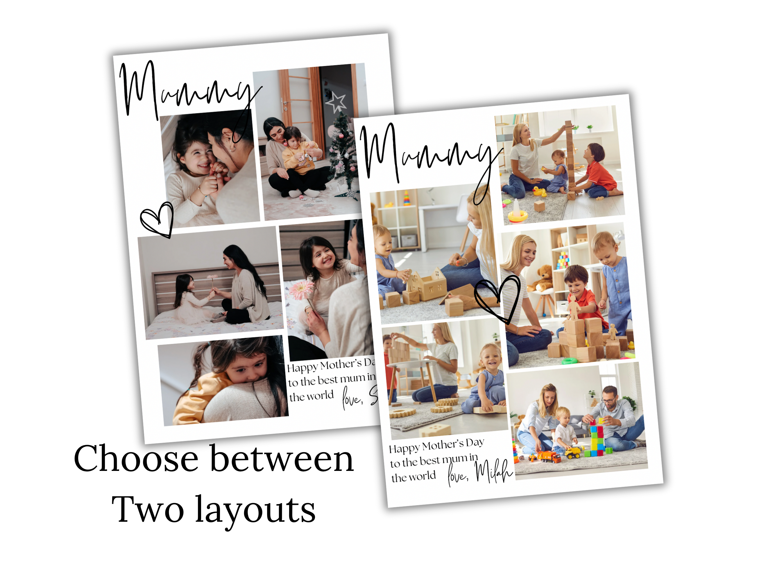 Two photo collages with text 'Mummy' and images of children playing, one layout featuring a heart and the other with a child holding a toy.