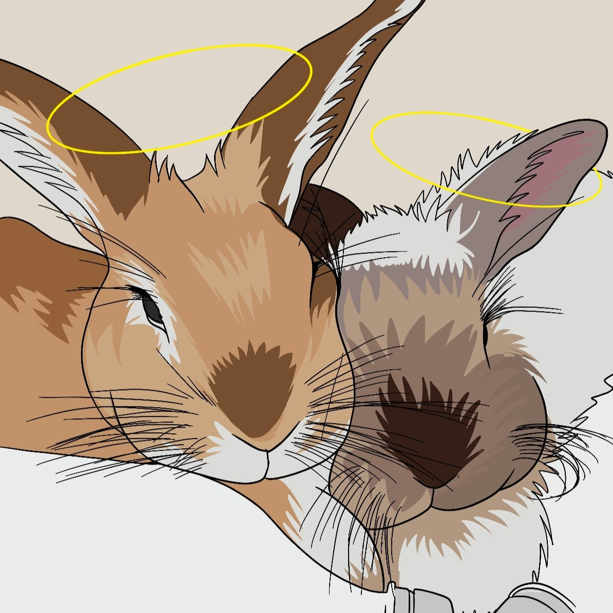 two bunnies illustrated with halos to signify they have passed