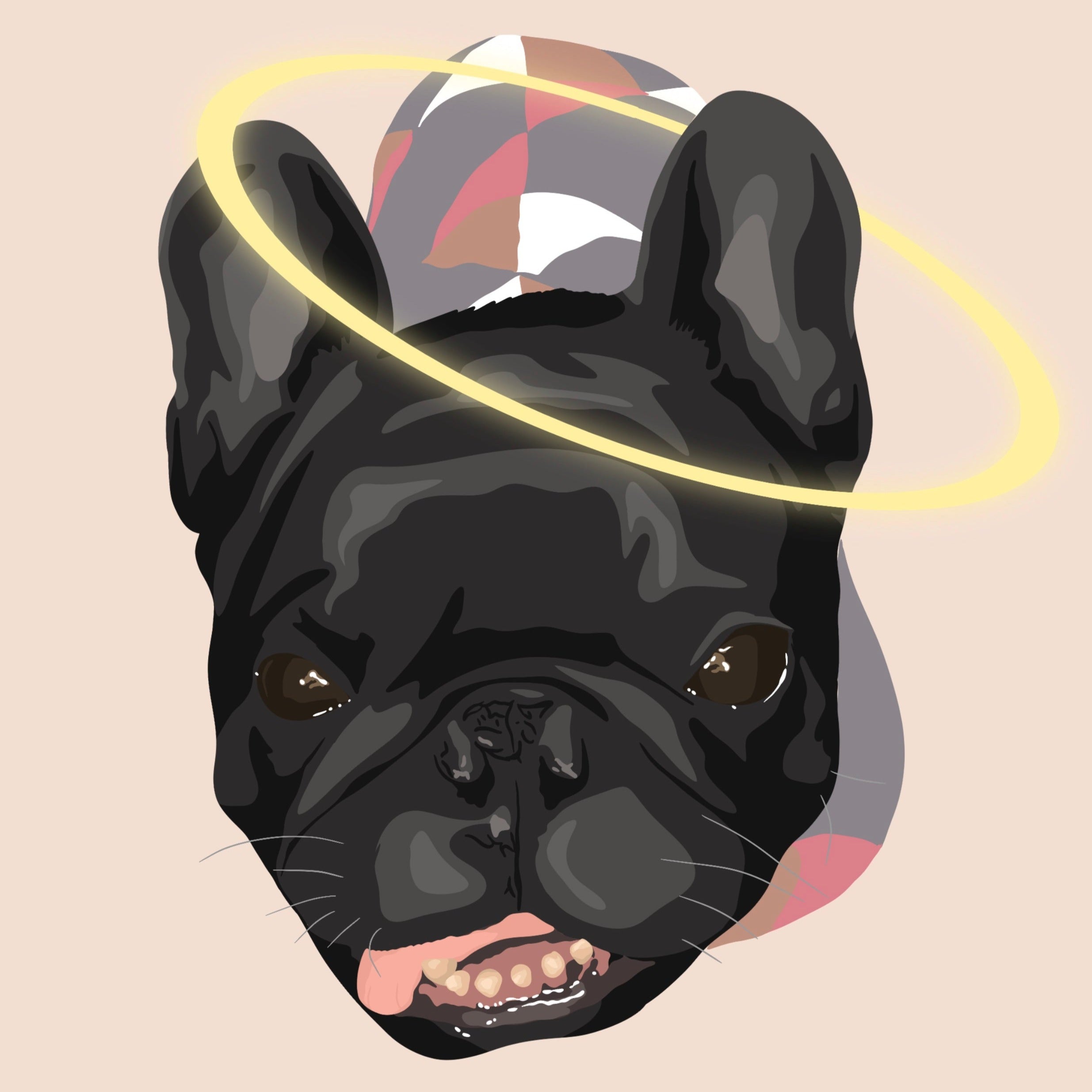 pet illustration of a black pug wearing a old style sweater who has passed on