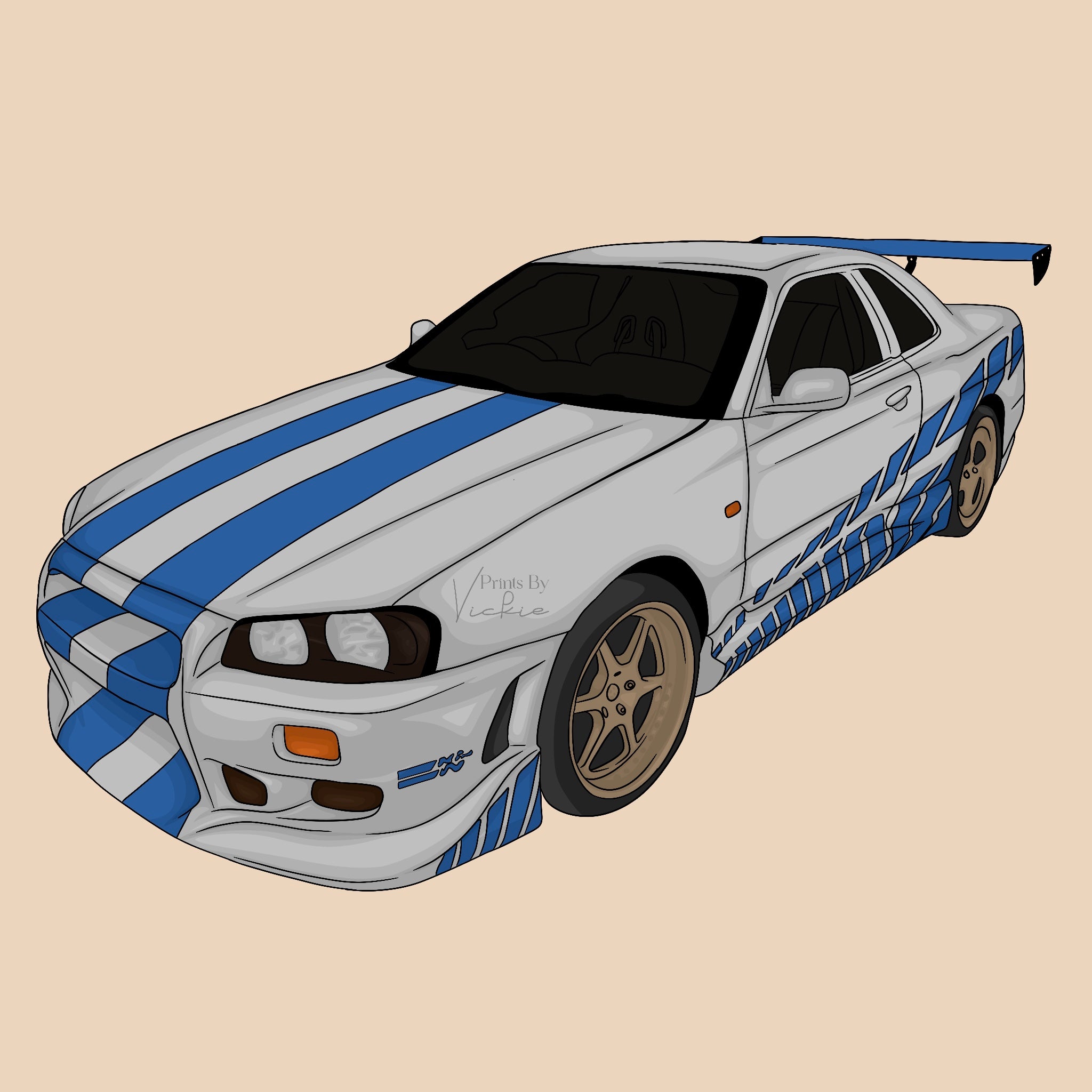 Illustration of a car with a striped design in blue and white on a gray background.