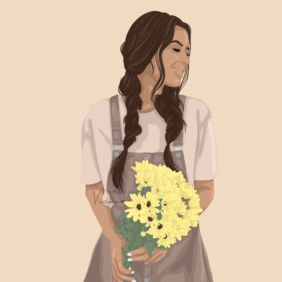 An illustration of a smiling woman holding a bouquet of yellow flowers, with detailed facial features.