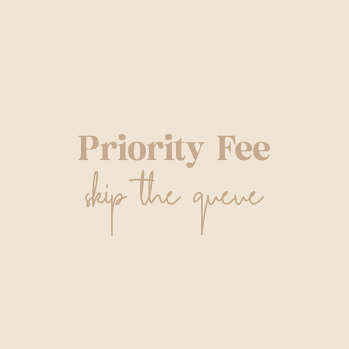 A beige background with the text 'PRIORITY FEE SKIP THE QUEUEUE' in a cursive script.